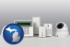 michigan map icon and home alarm system