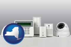 new-york map icon and home alarm system